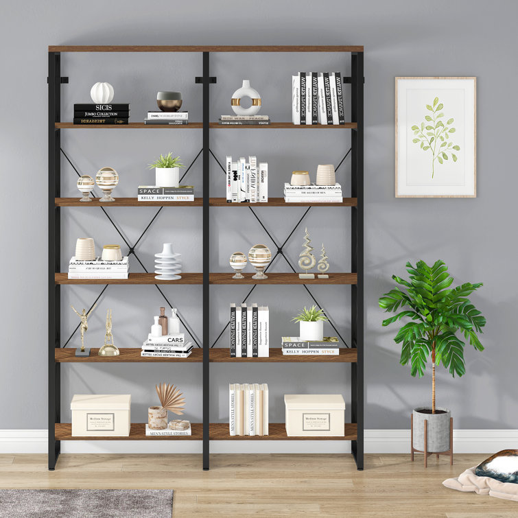 Khajag Double Wide 6 Tier Etagere Bookcase Vintage Industrial Large Shelves for Home Decor Display